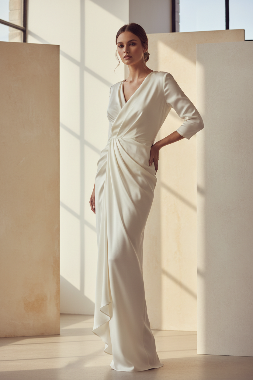 Ivory Draped Silk Midi Dress – full editorial shot