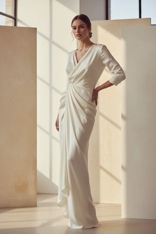Ivory Draped Silk Midi Dress – full editorial shot